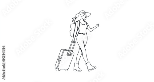 A girl with a suitcase and a mask and a hat is waiting for her transport, black and white, Continuous Line art or One Line Drawing of a Travel girl with a Suitcase. Drawing by hand. Vector illustratio