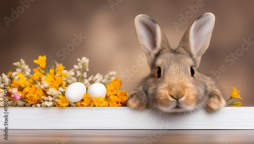 Springtime rabbit curiosity. Easter Bunny banner with copy space