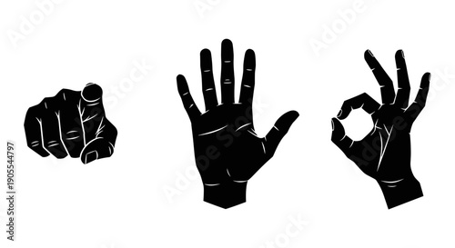 Black Silhouette Hand Gestures Set Fist Palm OK