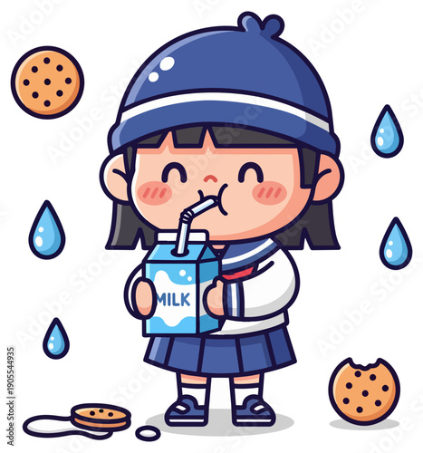 Cute schoolgirl character drinking milk carton and eating cookies vector illustration