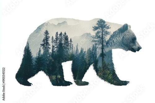 Animal silhouette filled with forest imagery showcasing trees and mountains in tranquil dark green and gray tones on a white background for nature enthusiasts and wildlife photographers