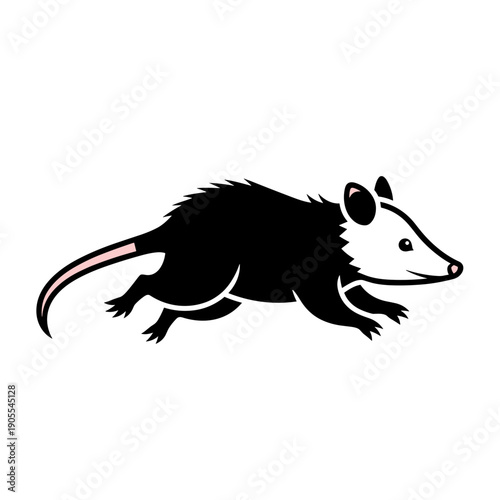Detailed Black Opossum Walking Silhouette Side View