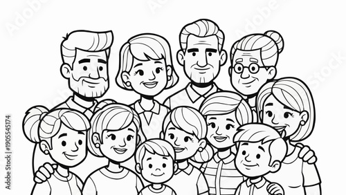 Happy diverse family portrait line art illustration.