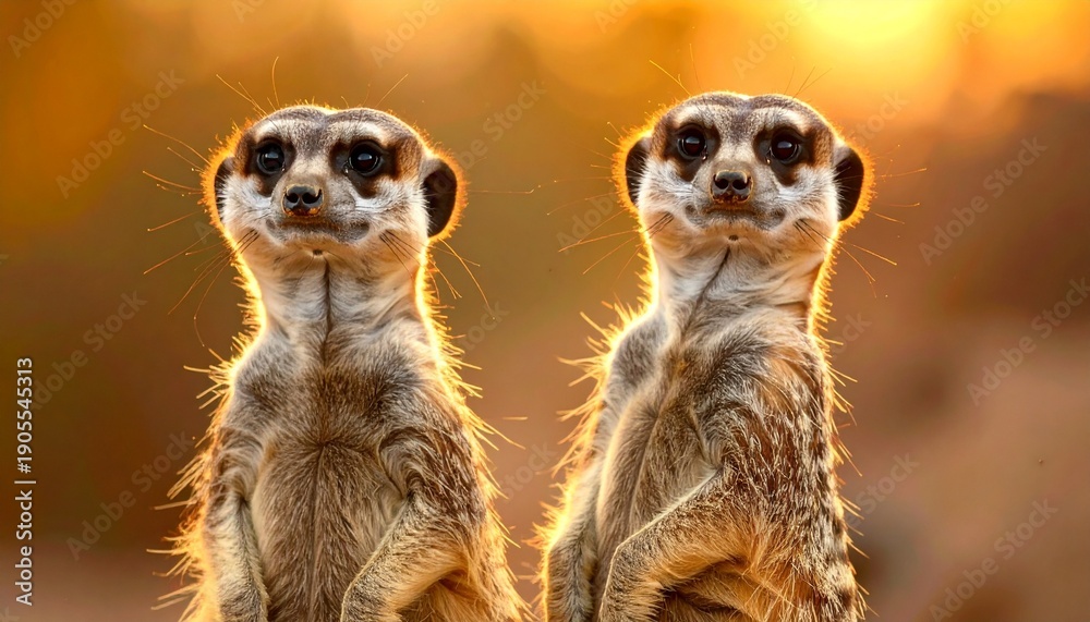 Fototapeta premium Two meerkats standing on hind legs, observing surroundings, outdoors at sunset with a clear view