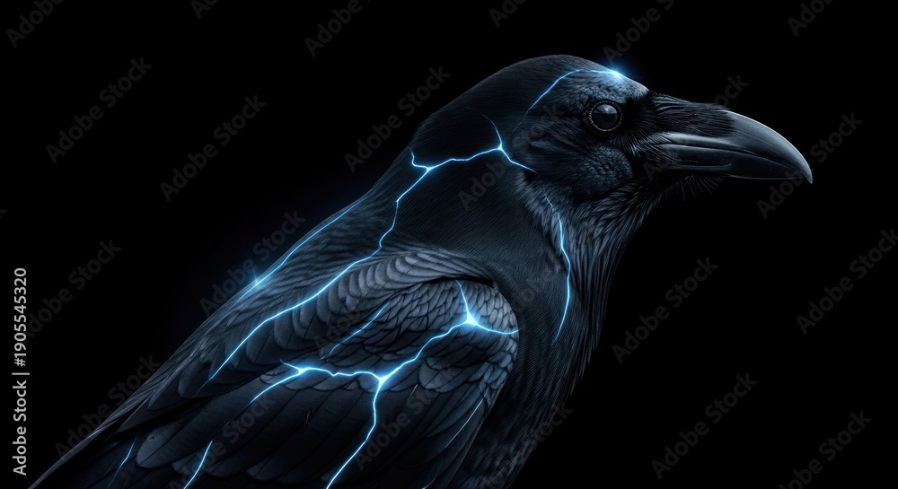 Fototapeta premium Electric raven profile, dark background