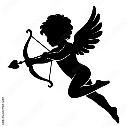 Flying Cupid angel silhouette shooting arrow of love, Valentine’s Day romance
