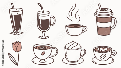 Hand Drawn Minimalist Coffee Icons Vector Set Steaming Hot Drinks Iced Latte Takeaway Cup Illustrations for Cafe Menu and Web Design
