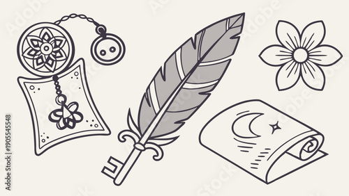 Hand Drawn Mystical Witchcraft Symbols Feather Key Scroll Talisman Flower Doodle Illustration Set for Esoteric Branding