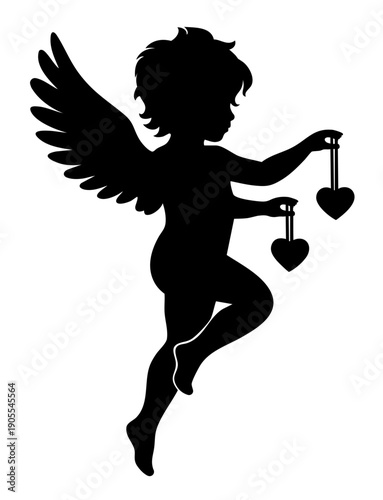 Cupid angel silhouette holding hanging hearts, romantic Valentine symbol of love and affection