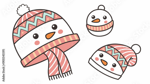 Happy Cute Snowman Heads Vector Set Adorable Winter Characters Wearing Pink Striped Hats and Scarves Christmas Holiday Greeting Card Design Elements
