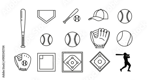 Set of Black Baseball Equipment and Icon Symbols