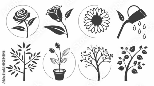 Minimalist Plant Growth Vector Icons Set Gardening Flowers Seedlings Tree and Watering Can Symbols for Ecology and Business Development Design