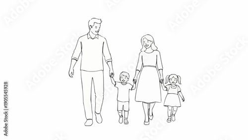 Happy family walking together holding hands line drawing.