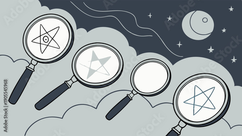 Magnifying Glasses Analyzing Occult Star Symbols Pentagrams and Mystical Geometry Under the Night Sky for Esoteric Research.