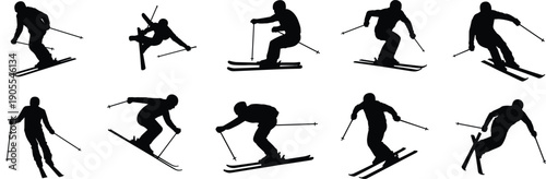 Alpine skiing silhouette collection showing winter sport action, freestyle jumps, downhill motion, professional skiers, outdoor adventure illustration set