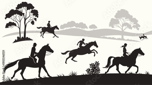 Black Silhouette Illustration Of Horse Riders Jumping And Galloping In Rural Countryside Landscape Vector Graphic