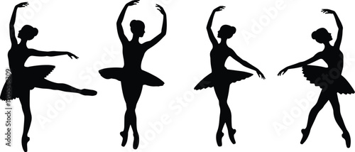 Black ballerina silhouette icon set showing graceful ballet dancer poses for dance art, performance design, classical movement illustration projects