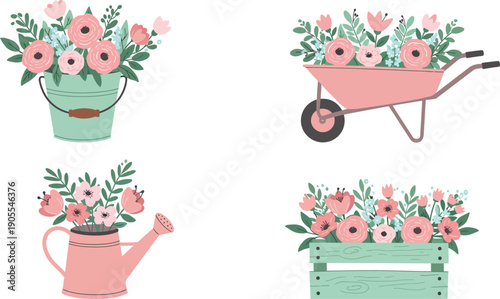 Colorful illustrations of flower arrangements in garden tools and planters on white background