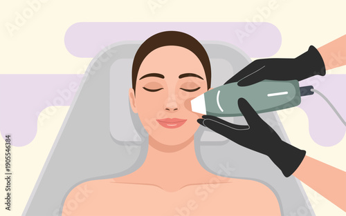 A serene woman undergoing a facial treatment procedure in a spa setting from a top-down viewpoint