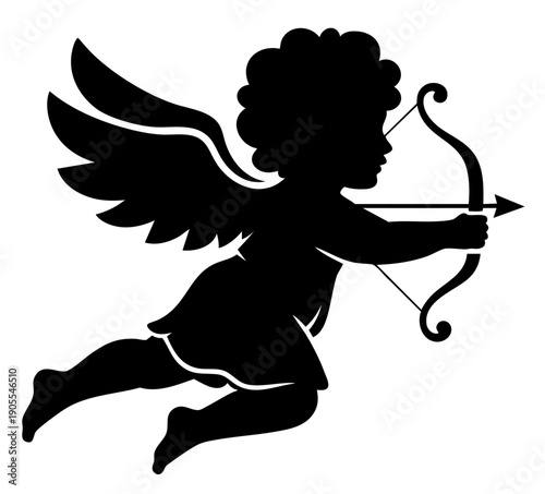 Flying Cupid angel silhouette with drawn bow, dynamic Valentine’s Day love