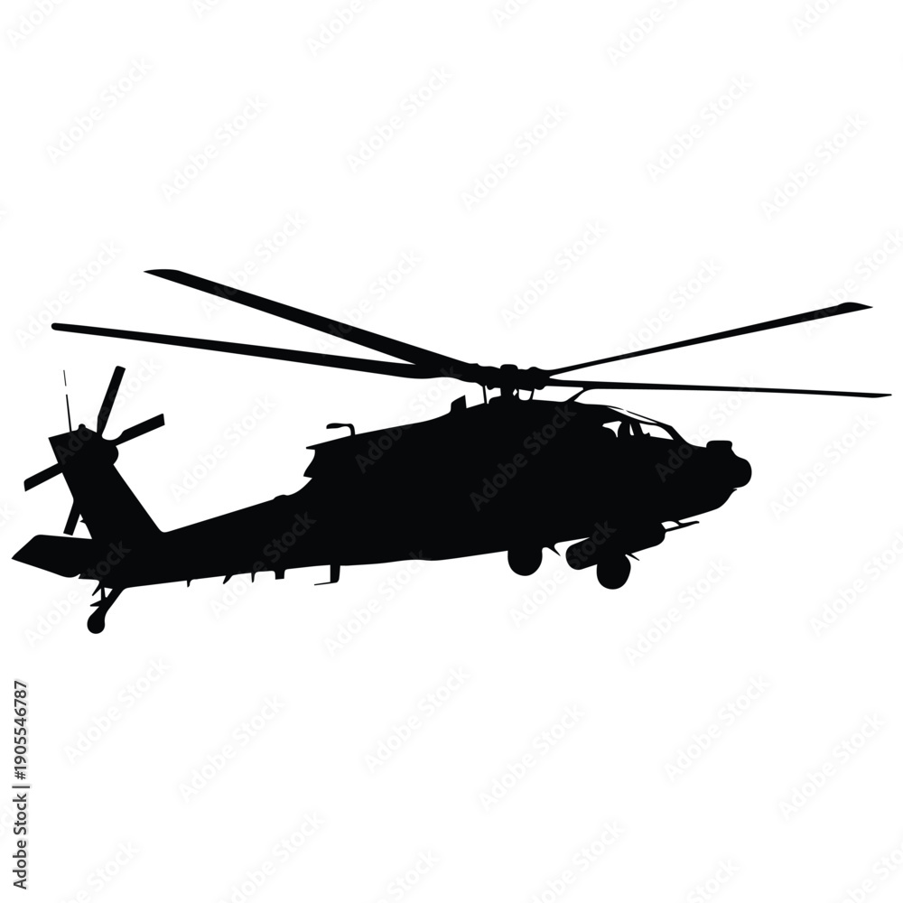 Fototapeta premium Silhouette of an attack helicopter in flight, military aircraft