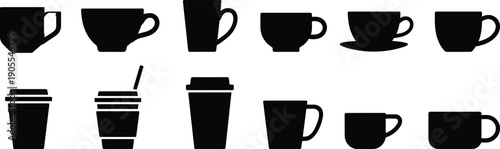 Black coffee cup silhouette icon set featuring mugs, takeaway cups, espresso shapes for cafe branding, beverage menus, graphic design projects