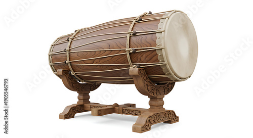 A traditional bedug (large Islamic drum) with wooden frame, isolated on white background