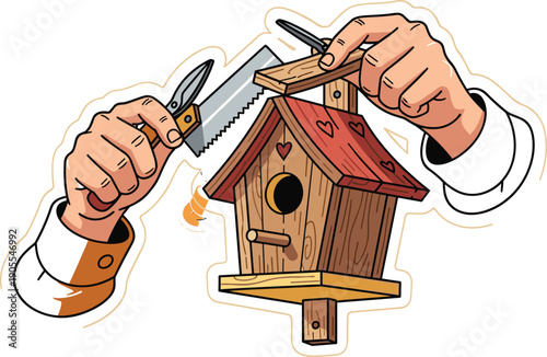 Hands Building Wooden Birdhouse with Tools.
