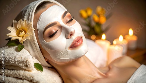 Relaxing woman with facial mask, eyes closed, surrounded by candles and flowers in a spa setting