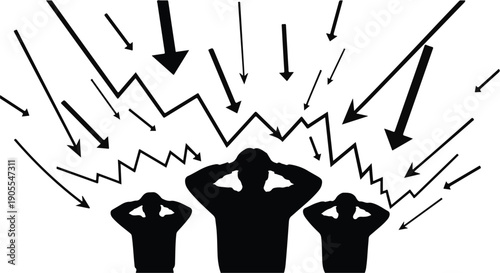 Frustrated people surrounded by chaotic arrows and declining graph