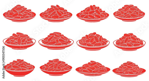 Arranged in a grid, twelve plates brimming with a generous portion of bright red kidney beans symbolize abundance and healthy eating options