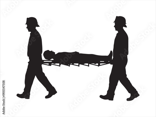 Vector medical staff transporting a patient on a stretcher, 
Two workers in silhouette carrying a patient a stretcher vector illustration 