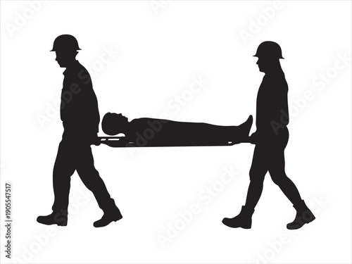Vector medical staff transporting a patient on a stretcher, 
Two workers in silhouette carrying a patient a stretcher vector illustration 