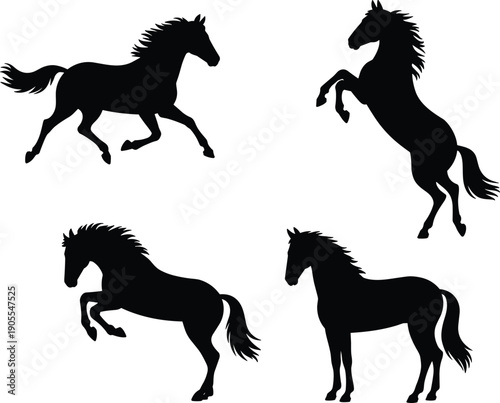 Black horse silhouette icon set showing running, rearing, standing poses for animal design, equestrian branding, wildlife illustration projects