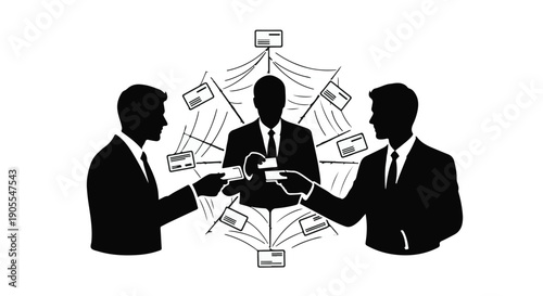 Businessmen exchanging documents in a financial network