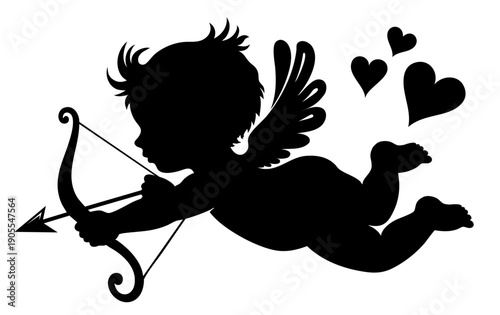 Cupid angel silhouette flying with hearts, playful Valentine love spirit