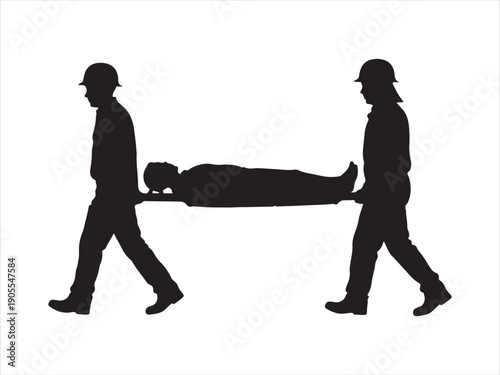 Vector medical staff transporting a patient on a stretcher, 
Two workers in silhouette carrying a patient a stretcher vector illustration 