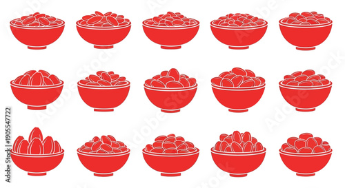 A graphic illustration featuring rows of red bowls filled with various types of beans, showcasing a diverse collection of legumes in a simple, clean design, ideal for culinary or agricultural themes
