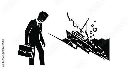 Businessman standing beside sinking ship with briefcase in hand