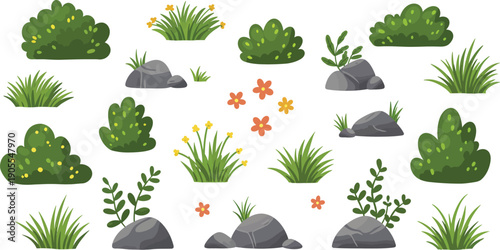 Digital illustration of various green plants rocks and colorful fish on white background