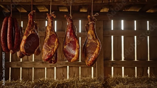 Smoked meats hang from a wooden beam inside a rustic, sunlit barn with hay