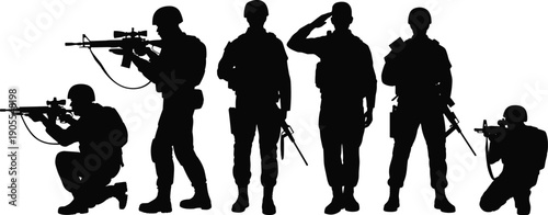 Black military soldier silhouette set showing armed forces poses, combat, patrol, tactical defense concepts for security, warfare illustration design use