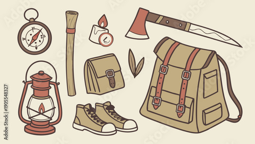 Essential Hiking and Camping Gear Collection Vintage Outdoor Adventure Travel Accessories Illustration