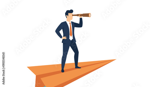 Businessman standing on orange paper plane looking through telescope for future vision success leadership opportunity and business career growth illustration