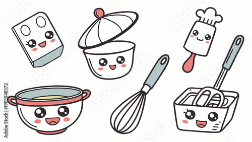 Cute Kawaii Kitchen Tools Set Happy Baking Utensils Collection Cartoon Vector Graphic Whisk Rolling Pin Bowl and Pot
