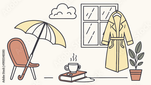 Cozy Rainy Day Hygge Lifestyle Illustration Autumn Weather Preparation Yellow Raincoat and Hot Coffee Mug Minimalist Line Art Design