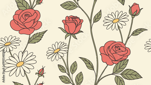 Vintage Seamless Pattern of Red Roses and White Daisies Hand Drawn Botanical Floral Print Retro Wallpaper Background for Textile Design