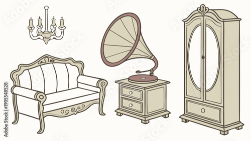 Classic Antique Furniture Set Ornate Sofa Wardrobe Gramophone and Chandelier Luxury Interior Design Elements Vintage Illustration