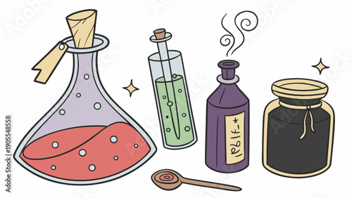Magical Potions Elixirs and Ingredients Set Hand Drawn Fantasy Illustration for Game Design and Witchcraft Themes