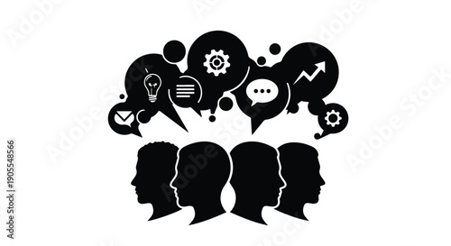 Silhouettes of people with creative thought bubbles